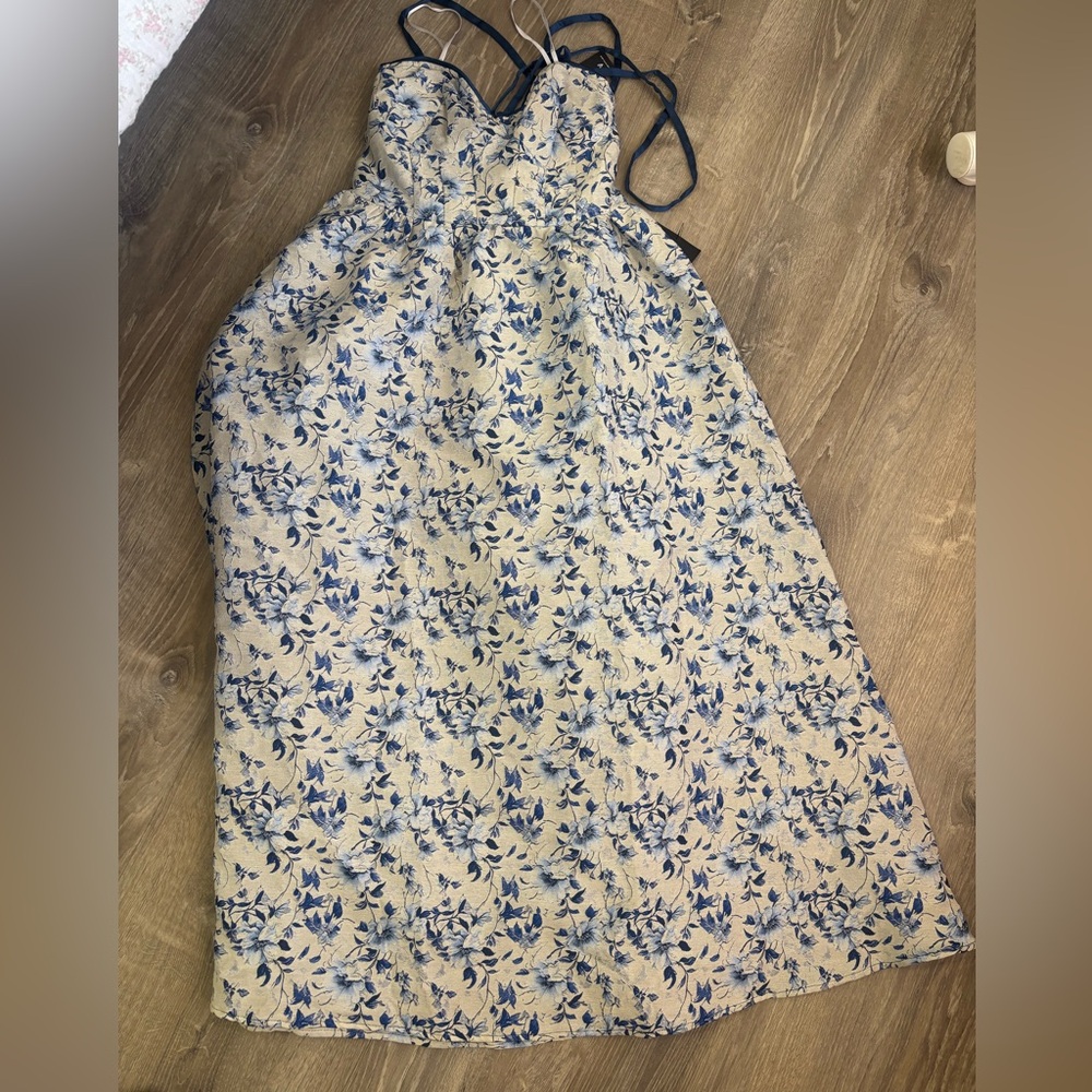 Lulus Cream Dress with Blue Floral Print